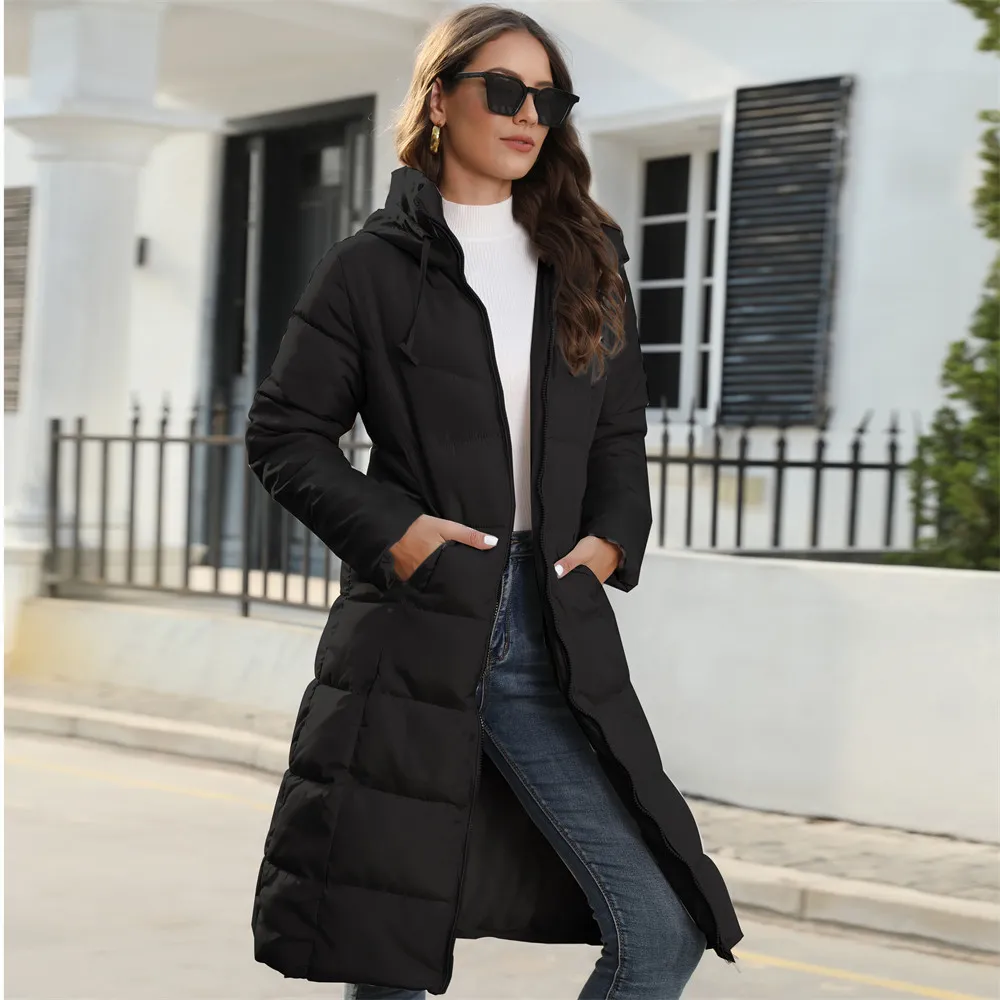 Hooded Women's Cotton Padded Clothing Women's Mid-length Slim Fit - Black