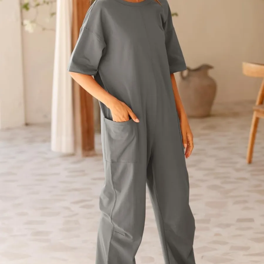 Women's Stretch V-neck Jumpsuit With Pockets (Gray-S)