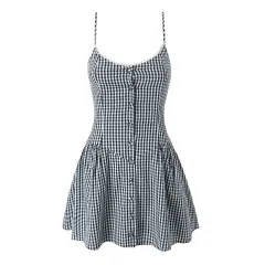 European And American Fashion Two-tone Plaid Button Decoration Sling Dress - Grey - View 1