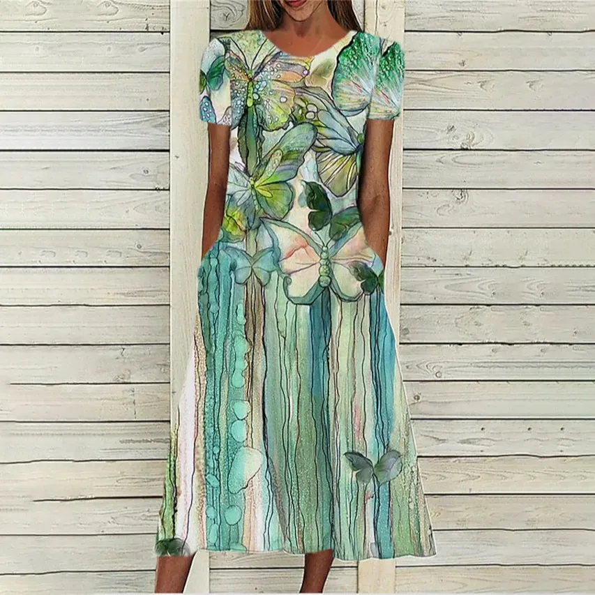 Floral Print Round Neck Short Sleeve Pocket Dress - Green