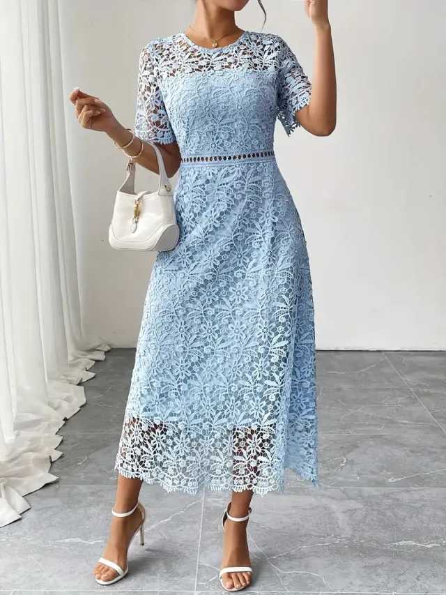 Round Neck Water Soluble Lace Short Sleeve Hollow Lace Elegant Long Dress Blue - Shop at LoveMi