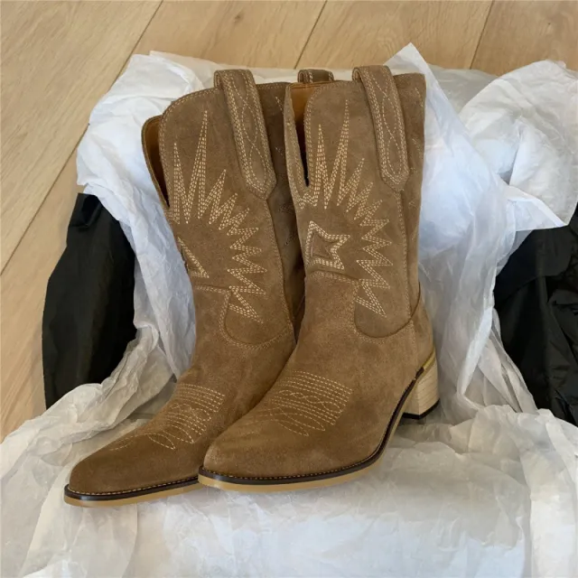 V shaped Mid calf Pointed Slip on Suede Fashion Boots Khaki - Shop at LoveMi