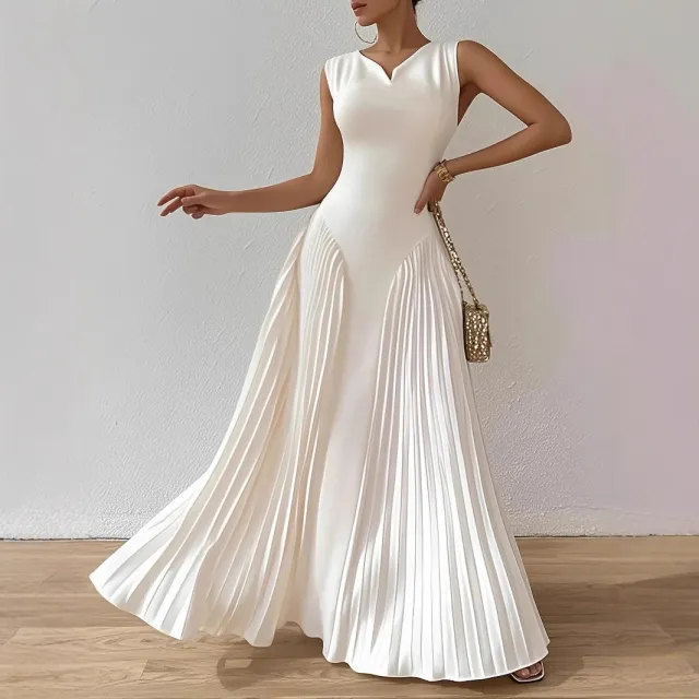 European And American style Elegant Pleated Waist cinching Maxi Dress White - Shop at LoveMi