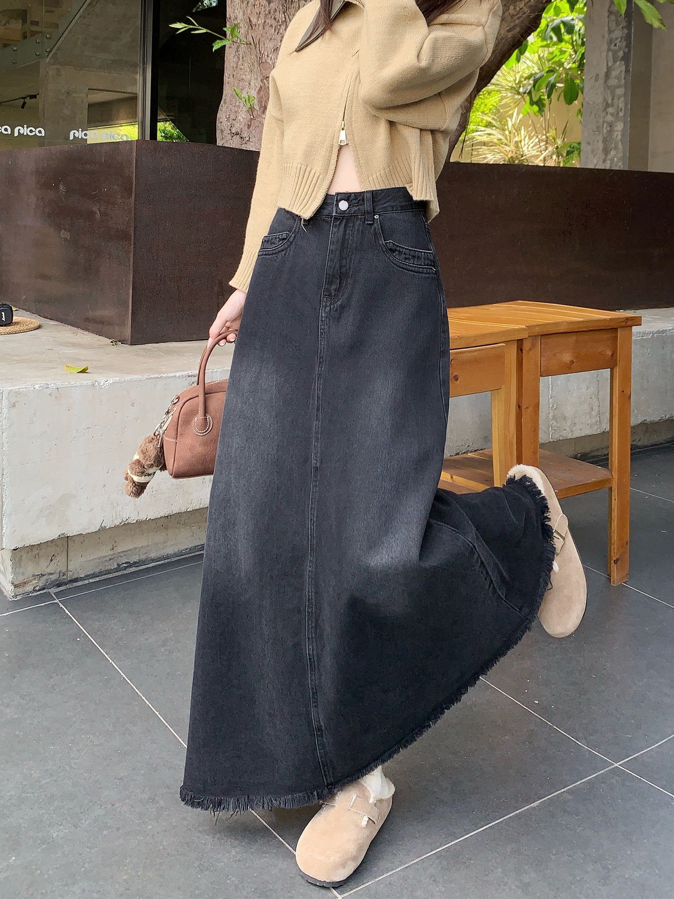 Spring And Autumn Korean Style High Waist Denim Midi Skirt Women's Retro Washed Frayed Edges 61b0846c E867 40ec 8e14 762154c6ee93