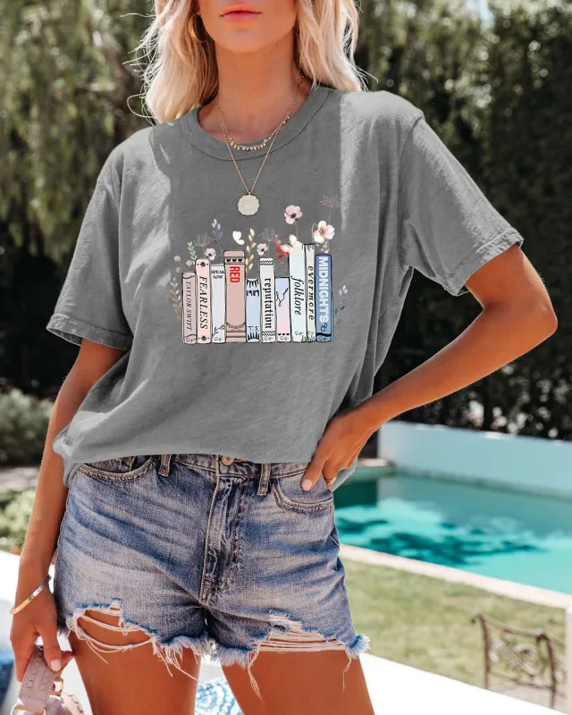 Summer New Book Flower T shirt Cute Fashion Round Neck Pullover Gray - Shop at LoveMi