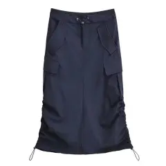 Women's Fashionable Double Drawstring Pocket Half-length Pleated High Waist Slit Skirt - Navy Blue - View 1