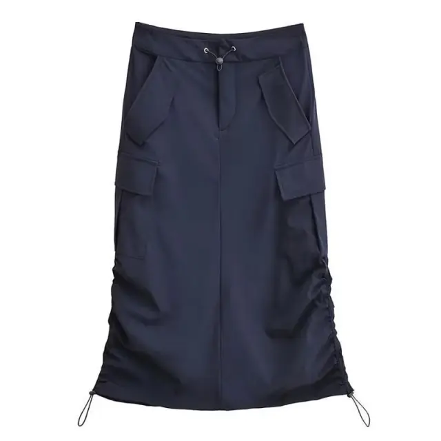 Women's Fashionable Double Drawstring Pocket Half length Pleated High Waist Slit Skirt Navy Blue - Shop at LoveMi