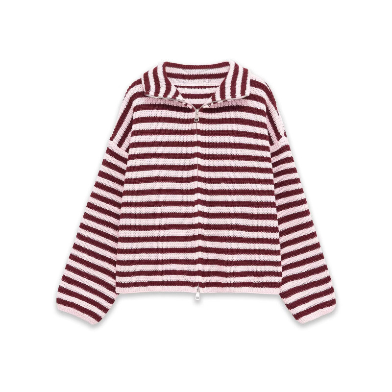 Women's Striped Knitted Jacket With Double Zippers