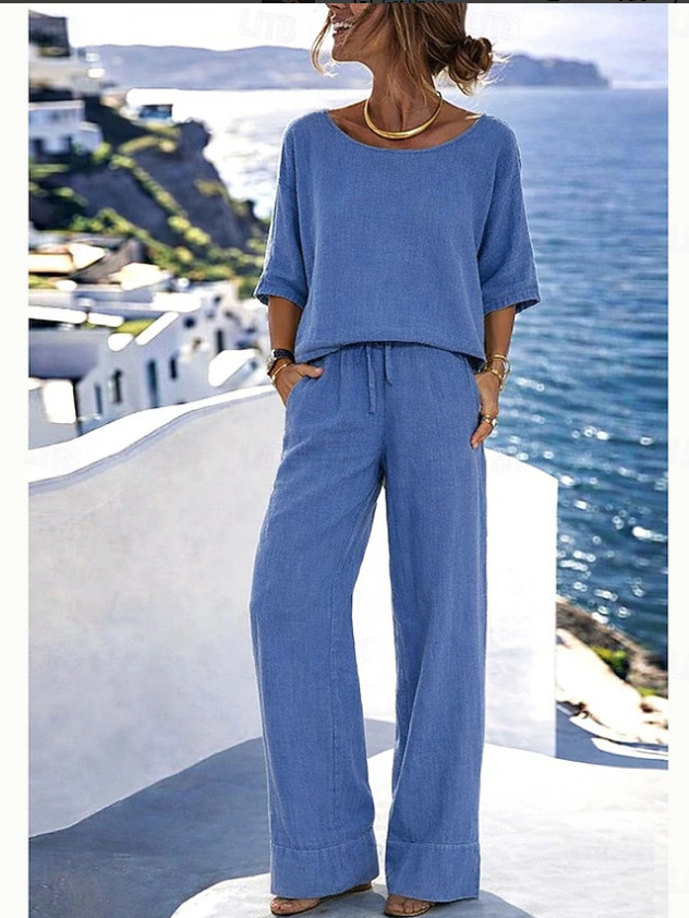 Women's cotton linen matching set in black – minimalist boho resort style