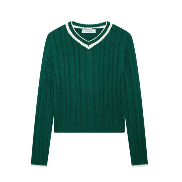 Fashion Long Sleeve V neck Cable Pattern Sweater Green - Shop at LoveMi