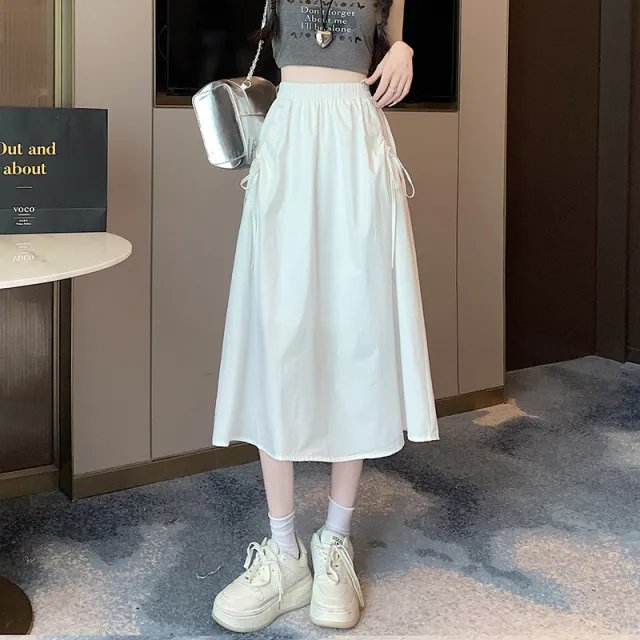 Elastic Waist Pure Color Tied Drawstring Pocket Large Swing Skirt Mid length French Cotton Suit Skirt White - Shop at LoveMi