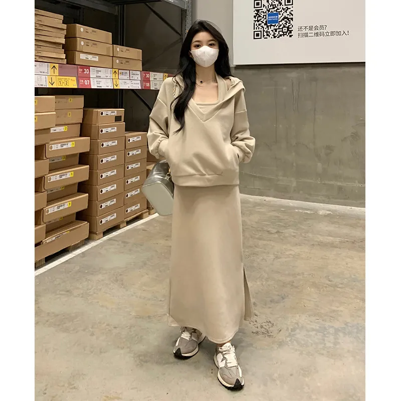 New Korean-style Loose Hoodie Sweatshirt Plus Size Set - Beige