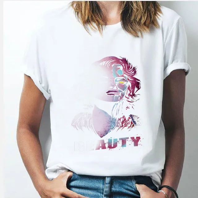 Summer Bubble Blowing Girl Cartoon Print Women's Loose Short Sleeve White Round Neck T shirt 16558 - Shop at LoveMi