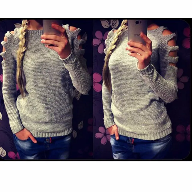 Women's Solid Color Round Neck Hollow out Long sleeved Knitted Bottoming Shirt Gray - Shop at LoveMi