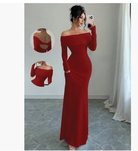 Women's Off shoulder Fashion Slim Temperament Sexy Sheath Dress Wine - Shop at LoveMi