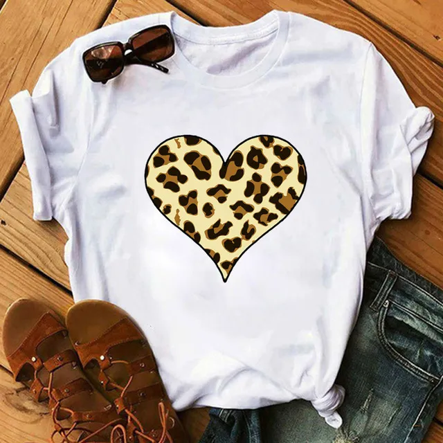 Spring Women's Cartoon Leopard Print Heart Printing T shirt A01985 - Shop at LoveMi