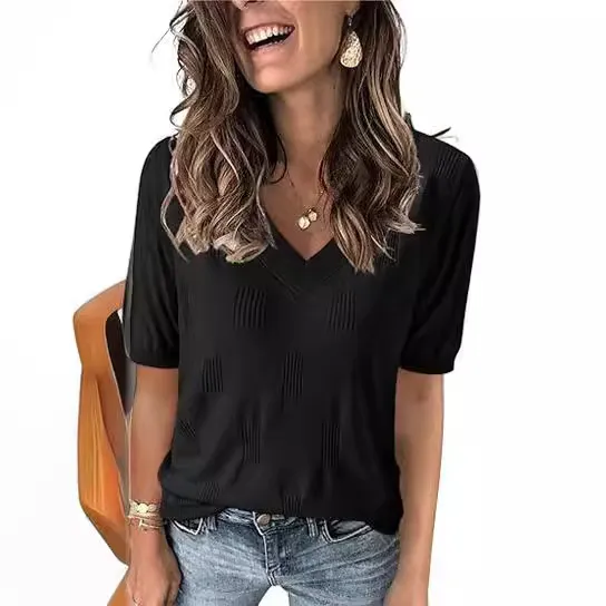 European And American V neck Summer Knitwear Short Sleeve Top Black - Shop at LoveMi