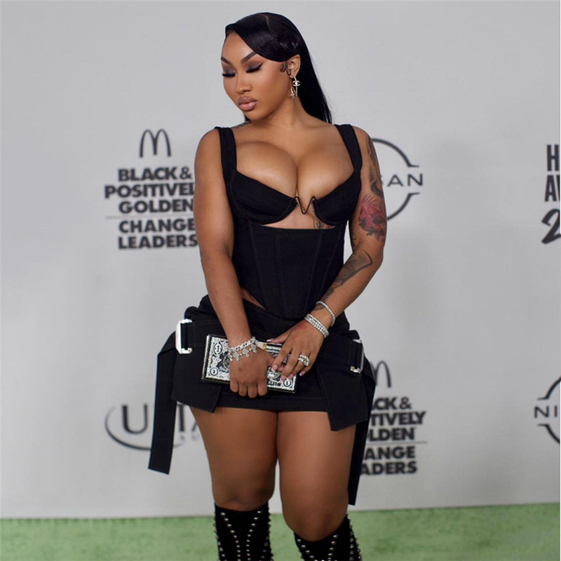 Fashion Solid Color Stitching Vest Top High Waist Sheath Slim Fit Skirt Suit