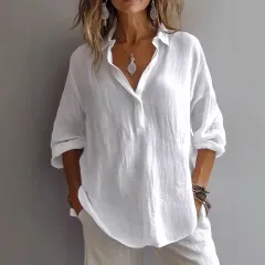 Fashion Long-sleeved Lapel Pullover Shirt Casual Loose Solid Colour T-shirt Tops Women's Clothing - White - View 1