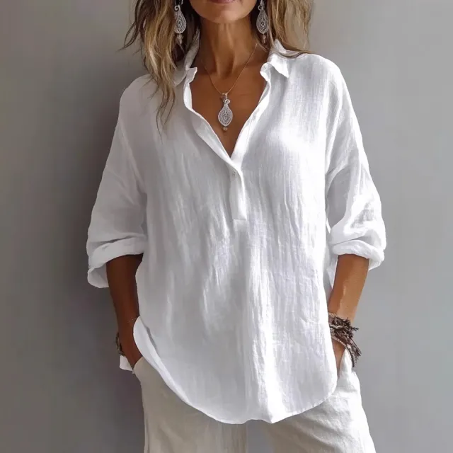 Fashion Long sleeved Lapel Pullover Shirt Casual Loose Solid Color T shirt Tops Women's Clothing White - Shop at LoveMi