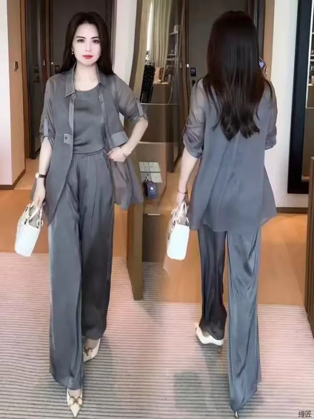 Fashion Women Sun Protection Shirt Wide Leg Pants Casual Three piece Suit Gray - Shop at LoveMi