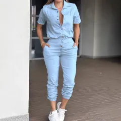 Women's Ankle-tied Lapel Pocket Waist Elastic Button Jumpsuit - Light Blue - View 1