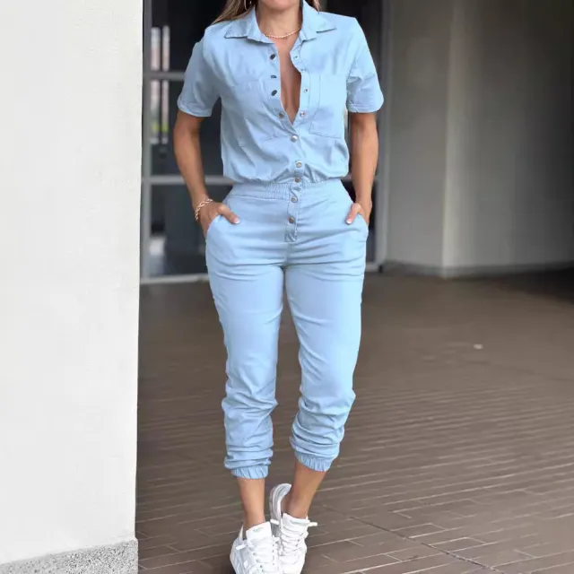 Women's Ankle tied Lapel Pocket Waist Elastic Button Jumpsuit Light Blue - Shop at LoveMi