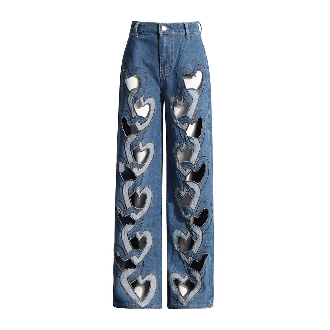 High Waist Hollowed Heart Shape Wide Leg Jeans - Image 2