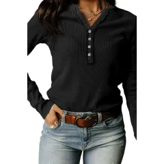 Solid Color Waffle European And American Leisure Trim Neckline Slim Sweater - Black - View 1