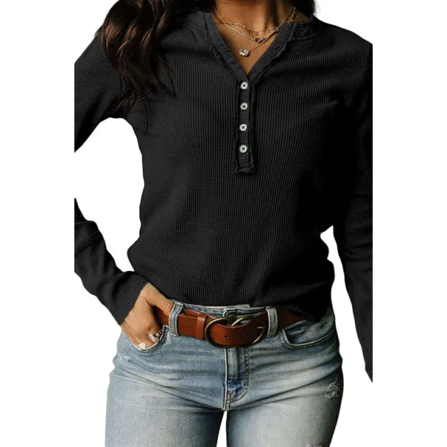 Solid Color Waffle European And American Leisure Trim Neckline Slim Sweater Black - Shop at LoveMi