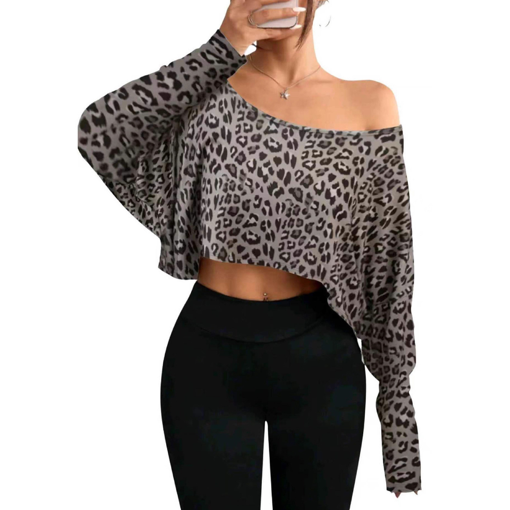 Women's Fashionable And Elegant Off-shoulder Leopard-print Top - Image 1