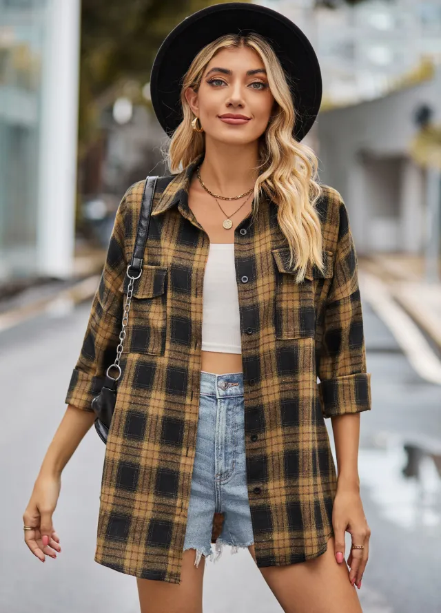 European And American Autumn And Winter Leisure Long Sleeve Flannel Plaid Pocket Shirt Yellow - Shop at LoveMi
