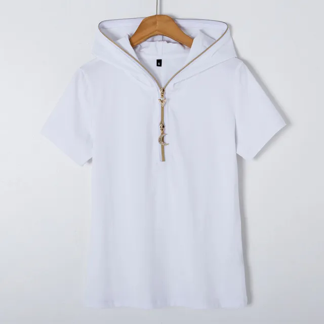 Solid Color Hooded Zipper Slim Fit Hooded Undershirt Short Sleeve White - Shop at LoveMi