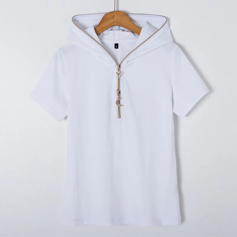 Solid Colour Hooded Zipper Slim Fit Hooded Undershirt Short Sleeve - White