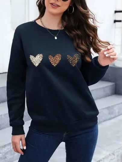 Essnce Leopard Heart Print Drop Shoulder Sweatshirt Navyblue - Shop at LoveMi