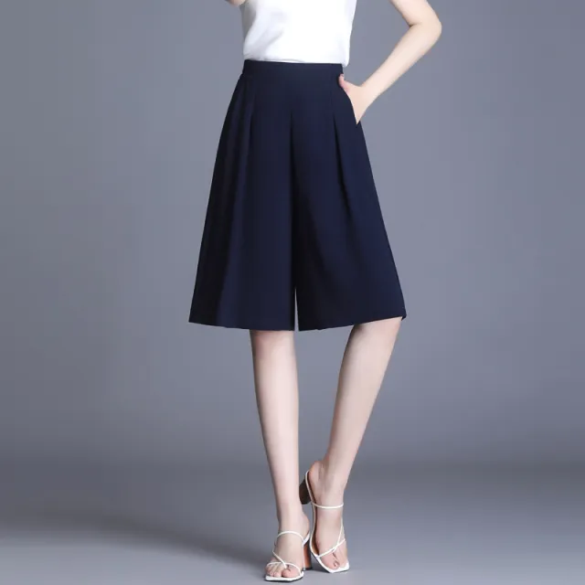 Women's Chiffon High Waist Wide Leg Pants Thin Loose Slimming Dark Blue 5Point Shorts - Shop at LoveMi