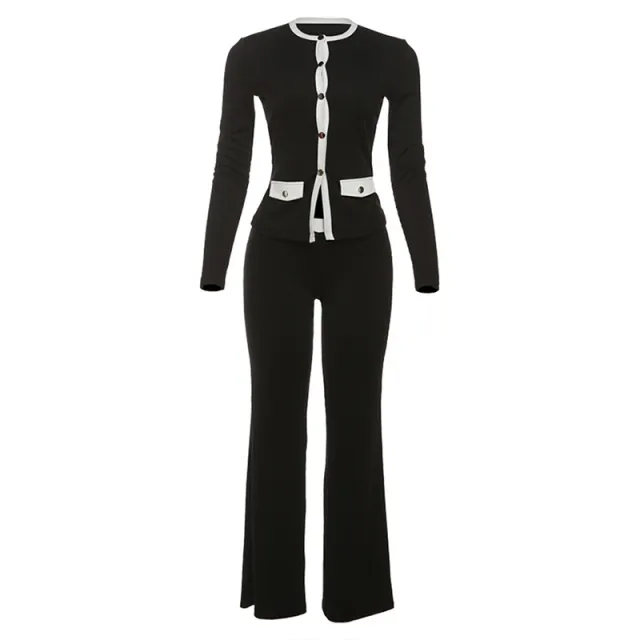 Women's Round Neck Button Contrast Color Suit Black - Shop at LoveMi