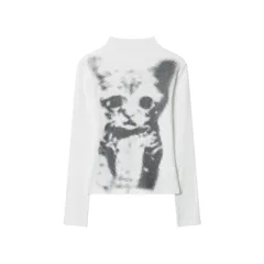 Chessboard Plaid Cat Printing Top Women's Long Sleeve - White - View 1