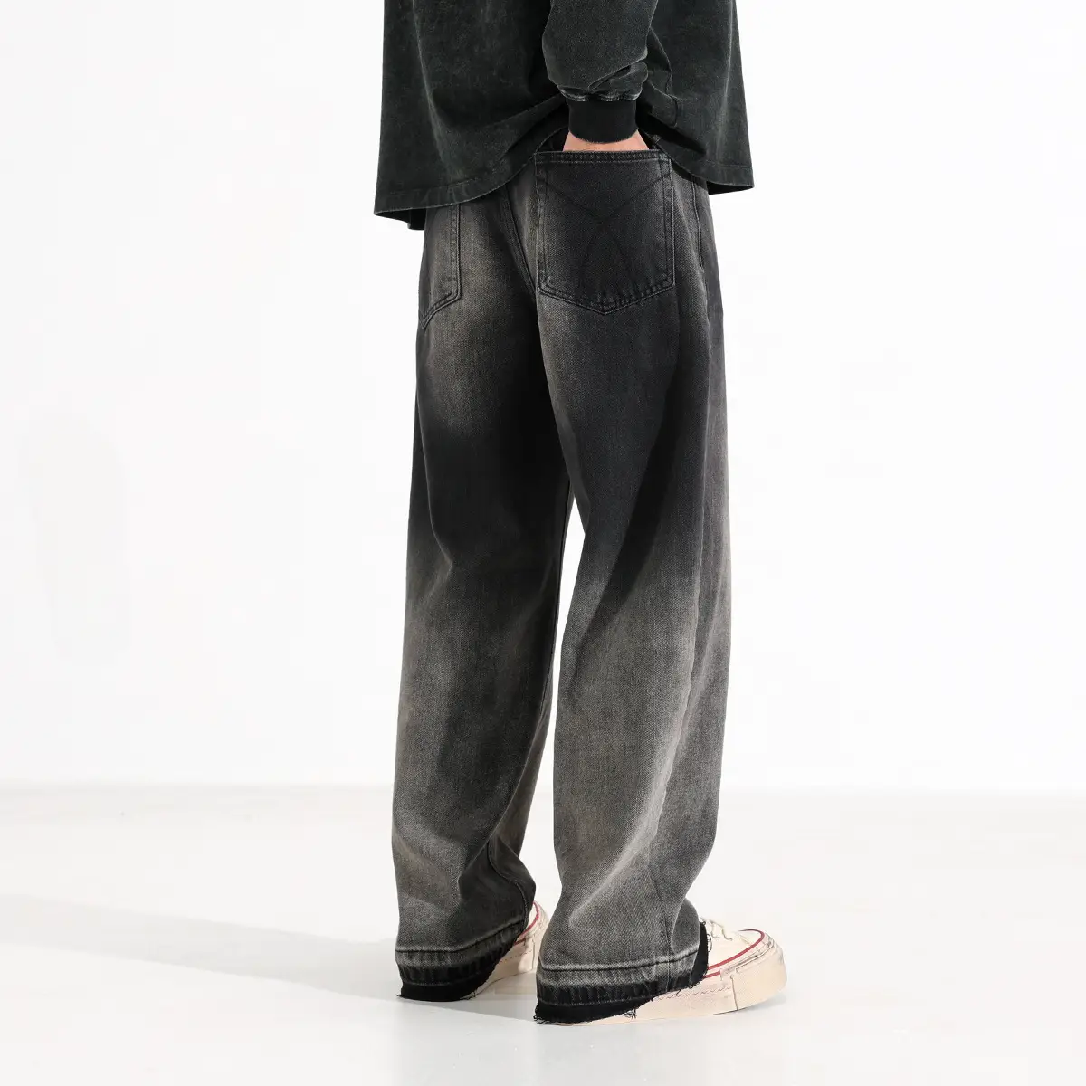 American-style Heavy Washed Black And Gray Straight Jeans Men's Loose Wide Leg Casual Trousers