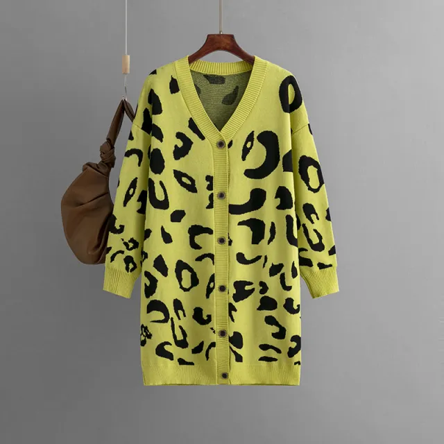 Women's Sweater Mid length Leopard print Sweater Cardigan Yellow - Shop at LoveMi