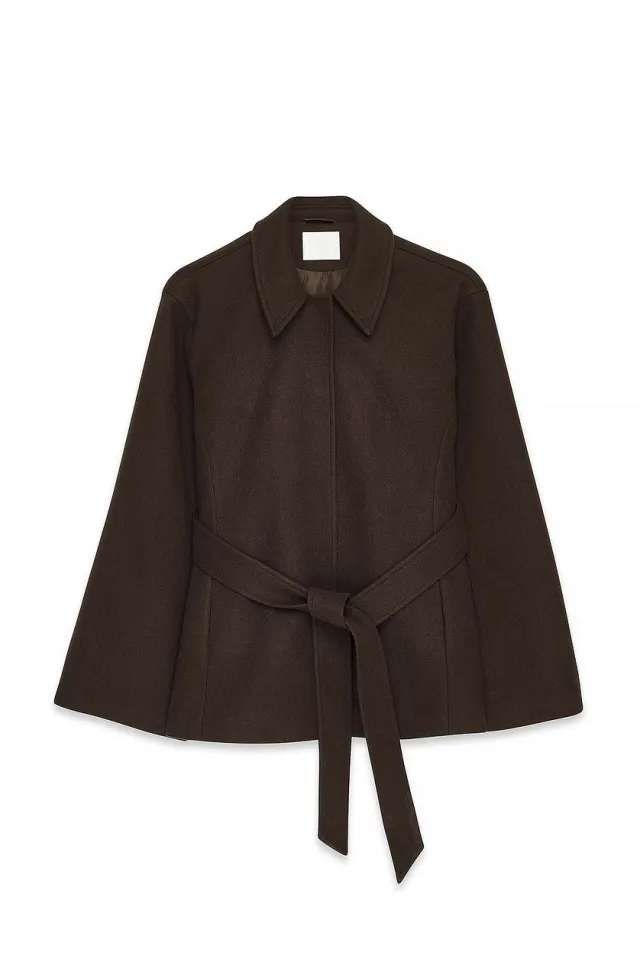 Solid Color Lapel Long Sleeve Button Up Top With A Belt Brown - Shop at LoveMi
