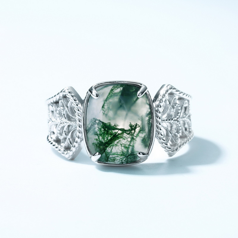 Silver Green Moss Ring Female Water Plants Agate Finger Ring