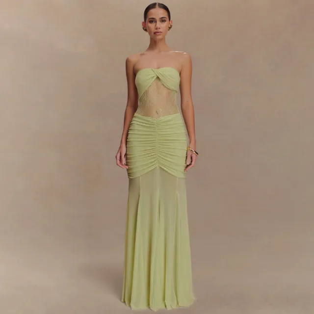 Strapless Lace panelled Asymmetrical Dress Green - Shop at LoveMi