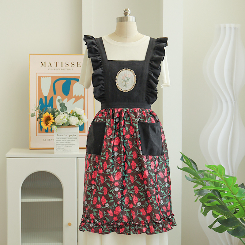 Cute Floral-print Apron Household Kitchen Stain-resistant Smock For Floristry And Gardening