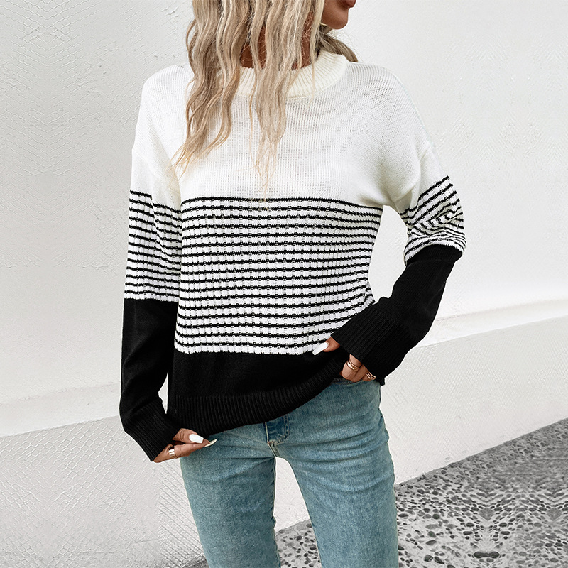 Winter New European And American Women's Clothing Striped Contrast Color Sweater