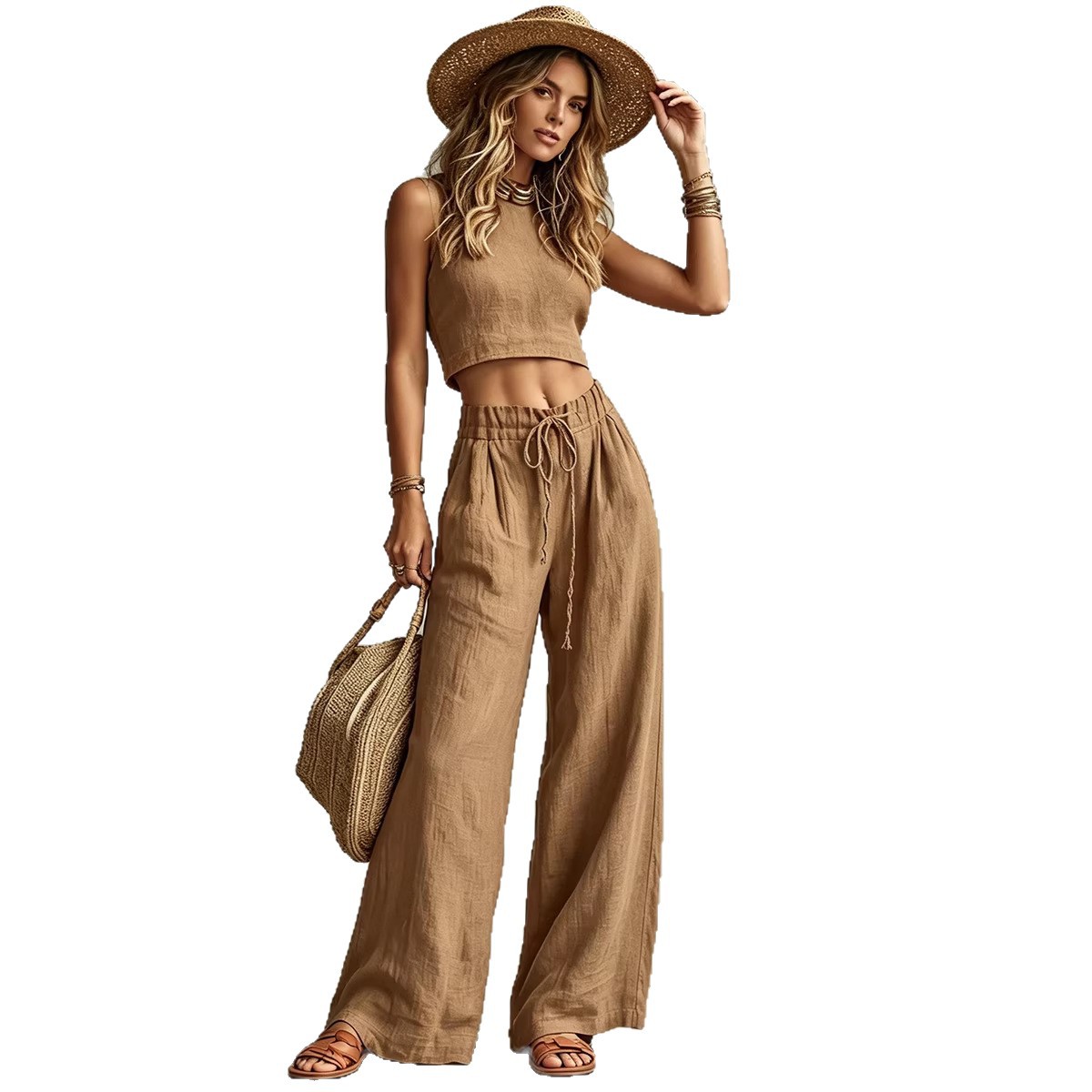 Vest Drawstring High-Waist Wide-Leg Pants Two-Piece Set 5