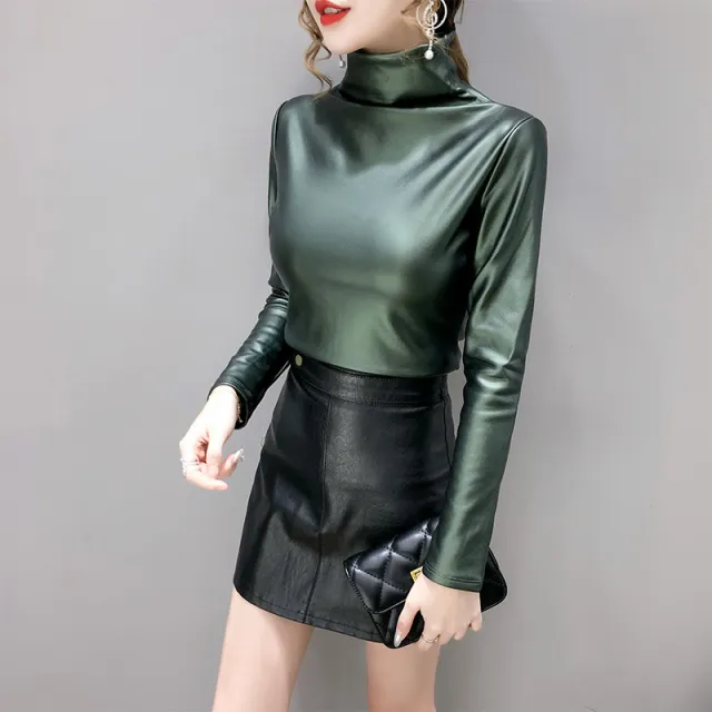 Autumn And Winter Fleece lined Thick Leather Coat Turtleneck Bottoming Shirt For Women Army Green - Shop at LoveMi