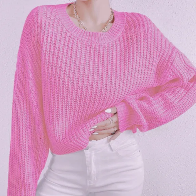 European And American Loose Short Pullover Round Neck Long Sleeves Sweater Pink - Shop at LoveMi