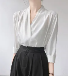 5 Spring And Autumn V-neck White Shirt Women's Long Sleeve - White - View 1
