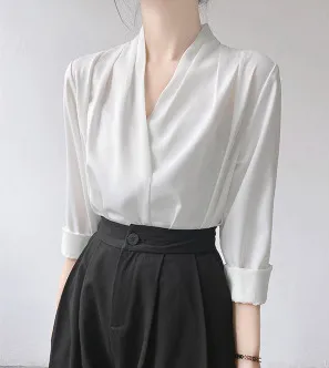 5 Spring And Autumn V neck White Shirt Women's Long Sleeve White - Shop at LoveMi